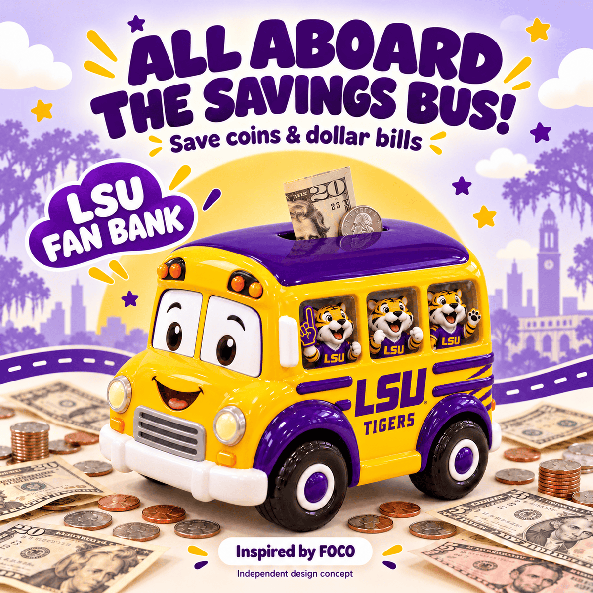 LSU School Bus Piggy Bank DNBN